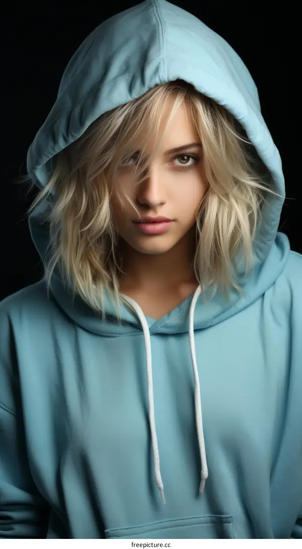 Portrait of a serious blonde woman in a blue hoodie looking at the camera