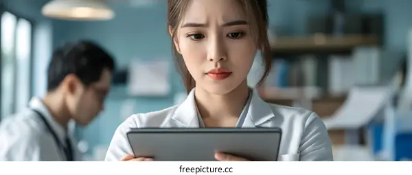 Focused Asian Woman Doctor Using Tablet in Medical Office