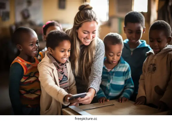 Happy multiethnic group of children and teacher in classroom