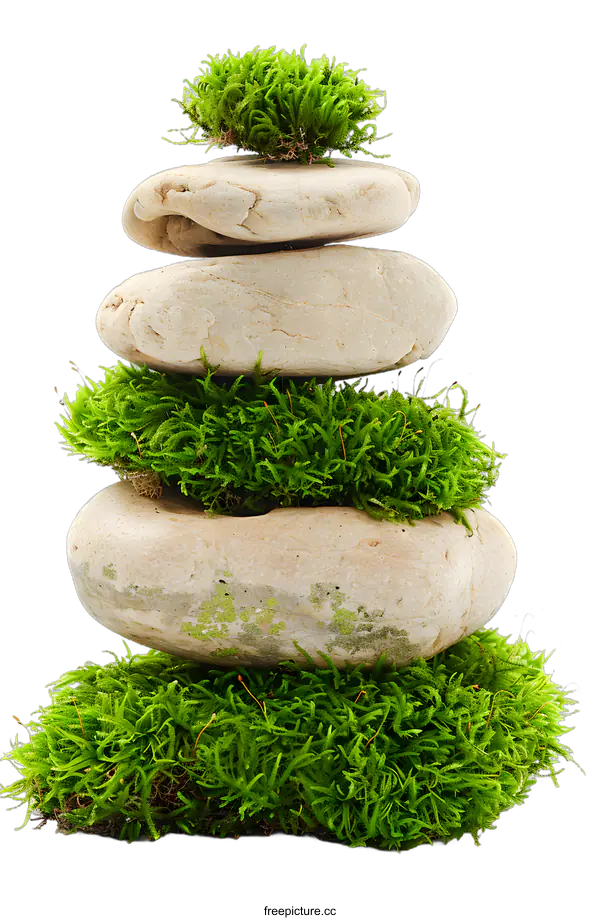 [Transparent Background PNG]Stack of Stones With Green Moss on a White Background