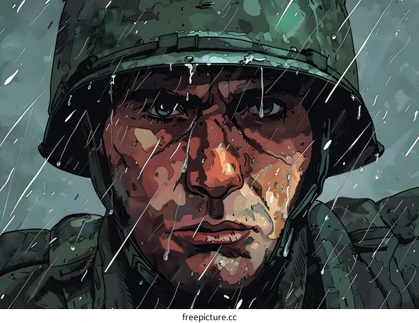 A soldier wearing a helmet with rain drops on his face