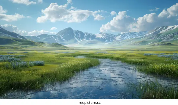 Flowing River in Lush Green Valley with Snow-Capped Mountains in the Distance