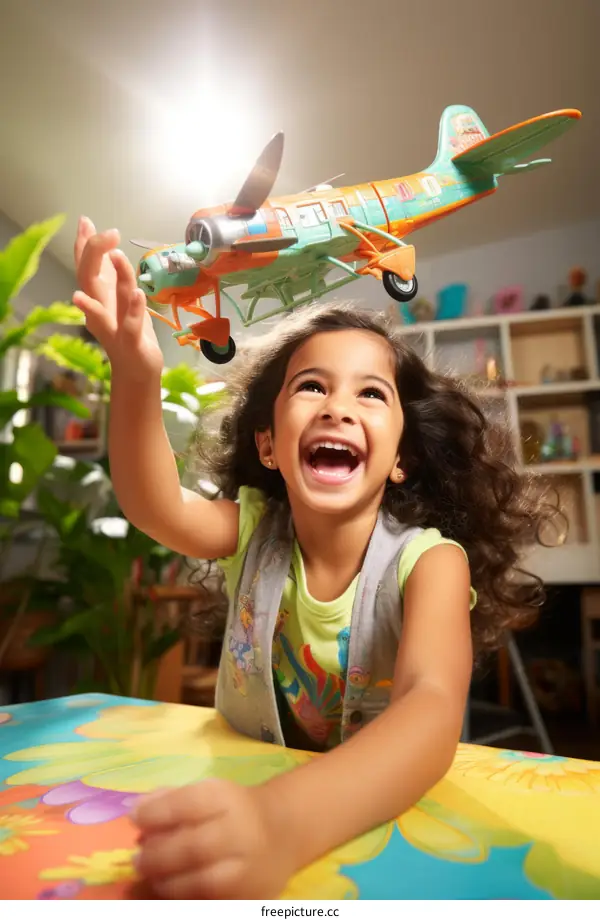 Little Girl Playing with Toy Airplane