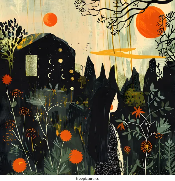 Girl in a Dreamlike Garden with Orange Sky