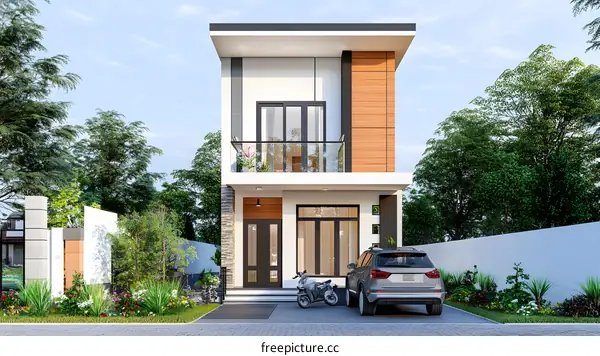 Modern Two Storey House Design with Balcony and Car Parking