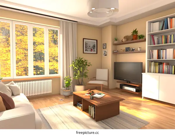 Modern Living Room Interior Design with a Large Window and Fall Foliage