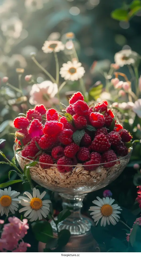 Raspberries and cream in a glass bowl with flowers