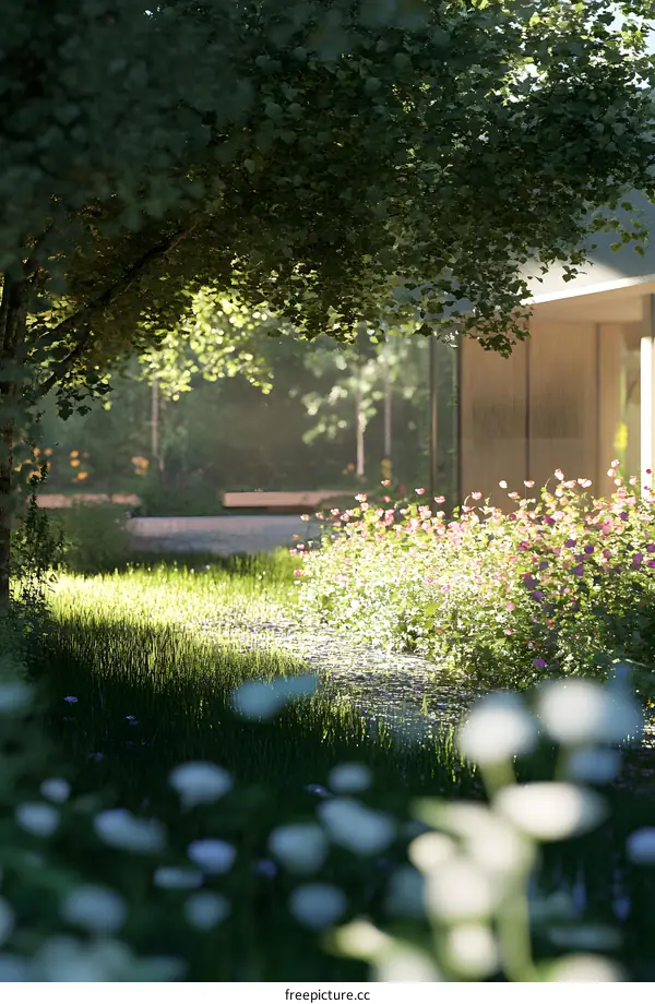 Beautiful Green Grass and Flowers in a Garden with Sunbeams