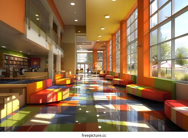 Colorful Modern Library Lobby with Bright Seating and Large Windows