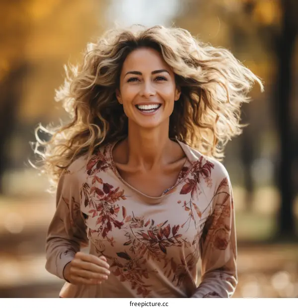 portrait of a smiling blonde woman with long curly hair running in a park