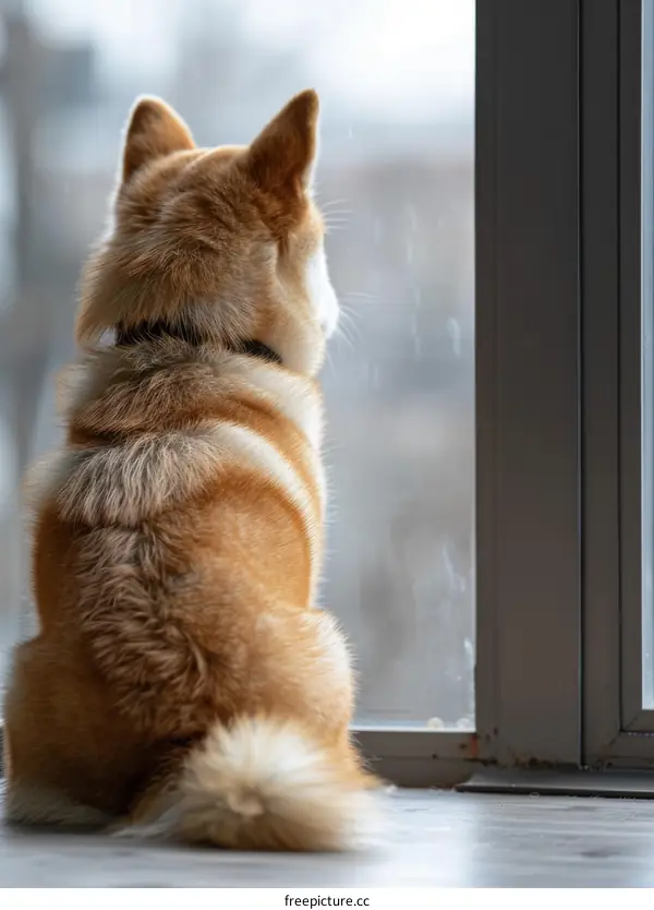 A lonely Shiba Inu dog sits by the window and gazes outside