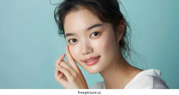 Beautiful Asian Woman Portrait with Blue Background