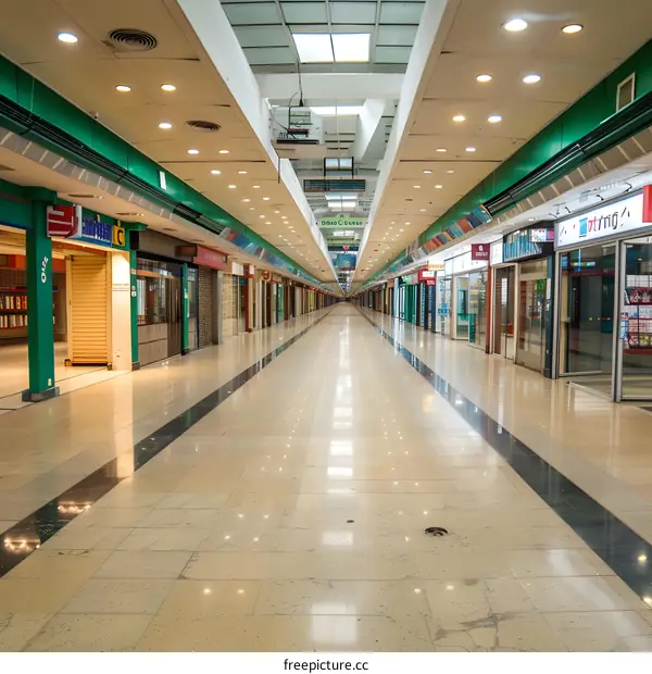 Empty Shopping Mall Corridor With Green Walls