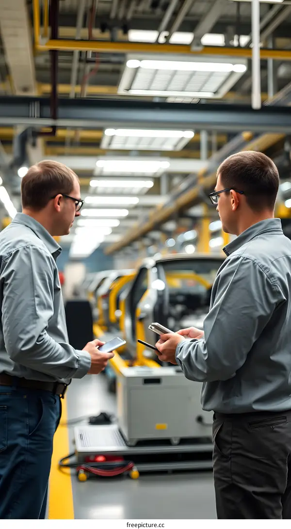 Two Caucasian Men In A Factory Setting Discussing Their Work