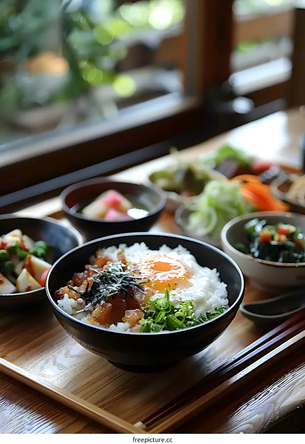 A delicious Japanese breakfast with rice, egg, fish, and vegetables