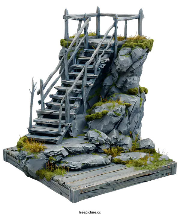 [Transparent Background PNG]Wooden Stairs Leading to a Platform on a Rock Formation