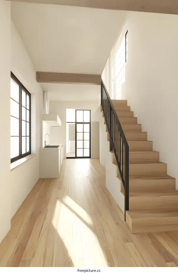 Modern Interior Design With Wooden Stairs and Open Floor Plan