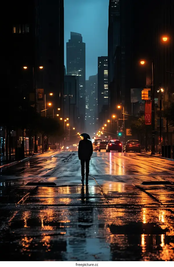 A lone figure stands in the middle of a rainy city street at night with cars passing by and the lights from the buildings and streetlights reflecting off the wet pavement