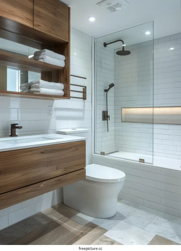Modern Minimalist Bathroom Design with Wooden Cabinets