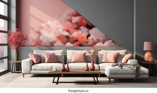 Modern, comfortable living room interior with pink and gray walls, white sofa, and pink accessories