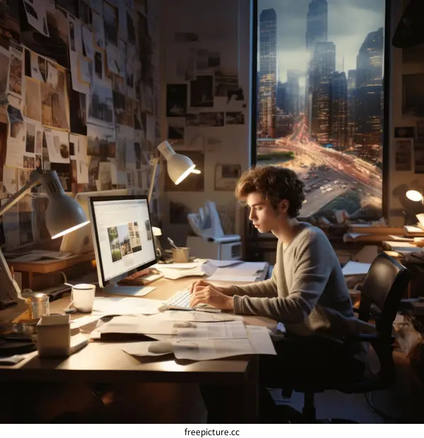 Young Male Architect Working Overtime in Office with City Night View