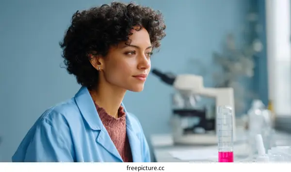 Female Scientist in Lab Examining Sample with Microscope