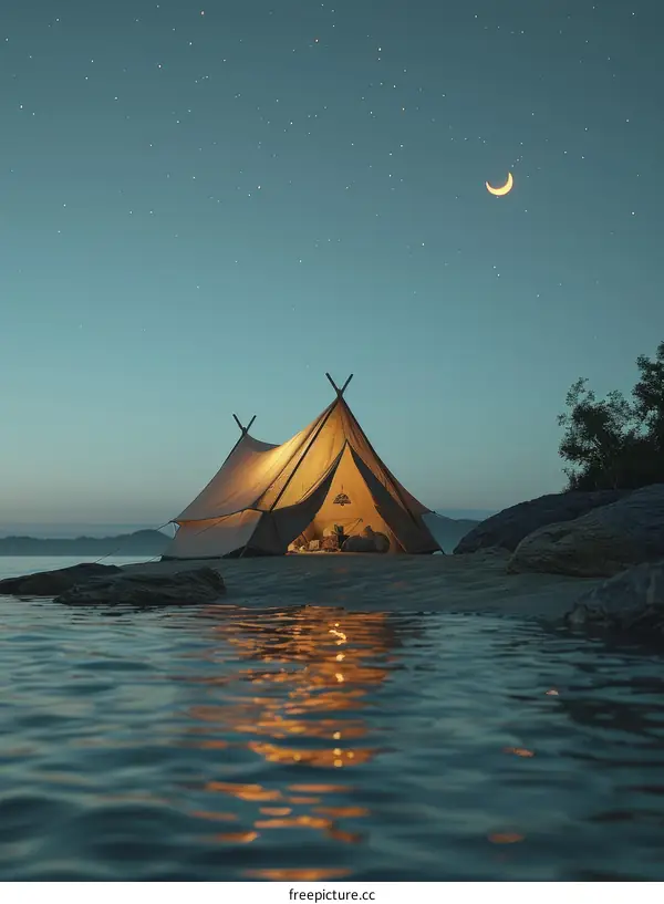 The tent is pitched on the beach with a beautiful night sky above