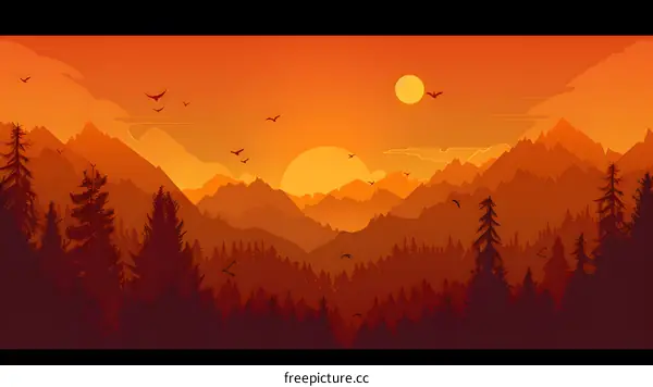 Orange Sunset Over Mountain Range