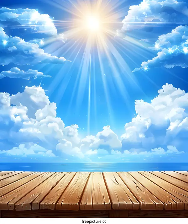 Sunny Day Sky with Wooden Plank Background