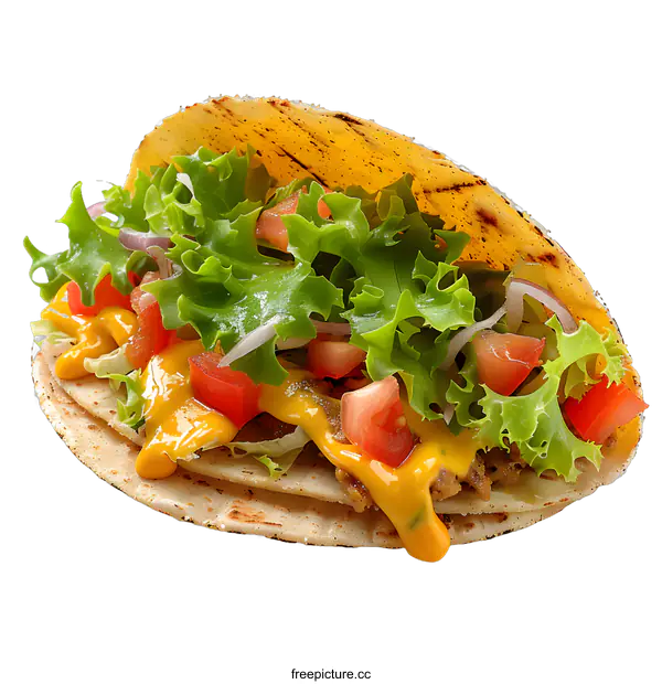 [Transparent Background PNG]Close Up of Delicious Taco with Lettuce, Tomato, and Sauce