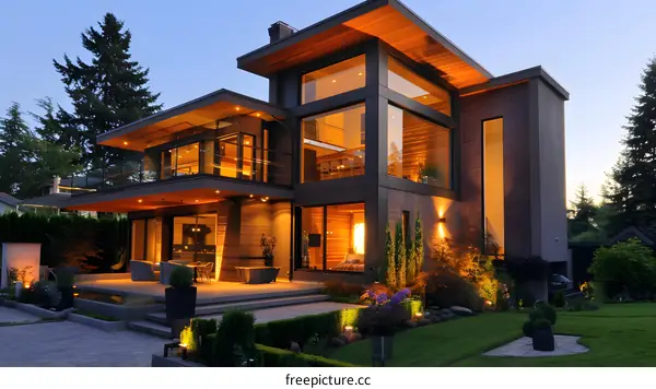 Modern House Exterior With Large Windows And Landscaped Yard