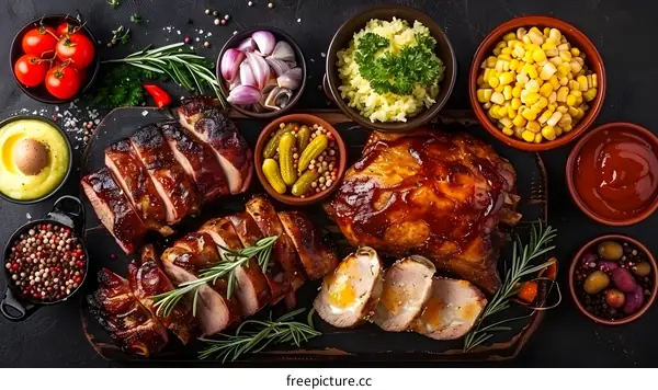 Grilled pork ribs and chicken with various side dishes
