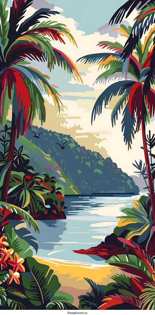 Tropical Landscape With Palm Trees and Ocean