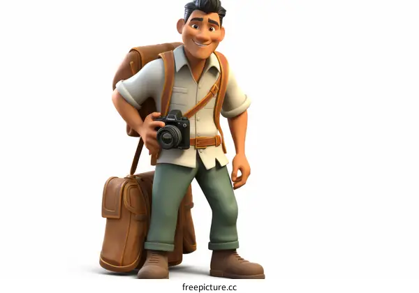 A male adventurer with a camera and backpack