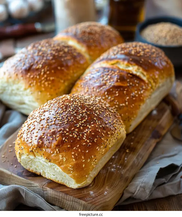 Four loaves of bread sprinkled with sesame seeds on a wooden table
