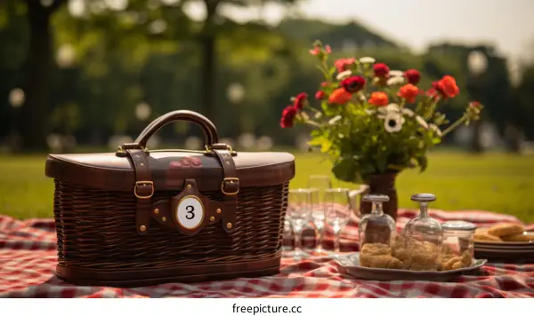 Still life of a picnic basket and flowers