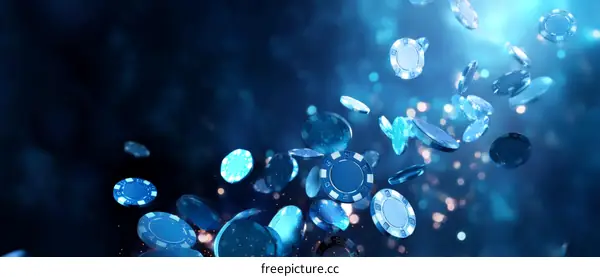 Casino Chips Falling in a Blue Background