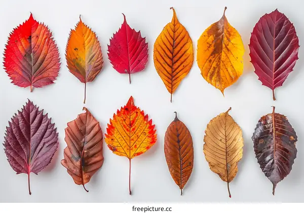 An illustration of colorful autumn leaves in various shapes and sizes