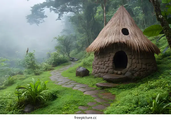 Stone Hut in Foggy Jungle