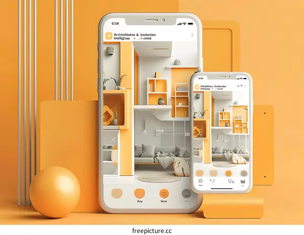 3D Rendered Phone Mockup of Modern Living Room Interior Design