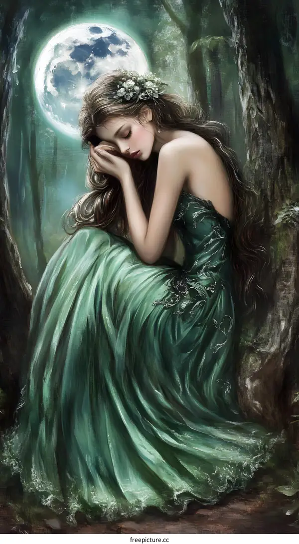 A Woman in a Green Dress Sitting in a Forest