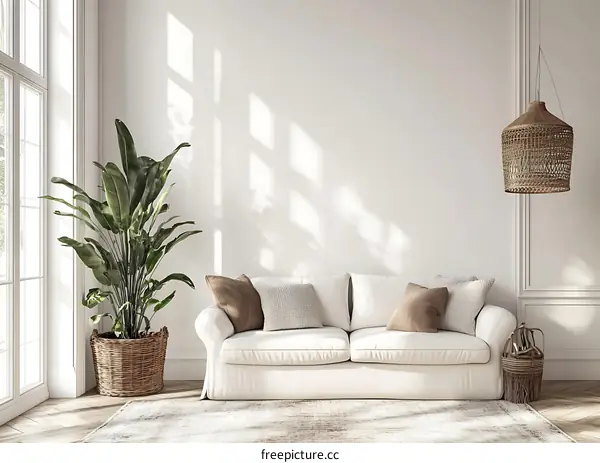 Minimalist Living Room Interior Design with White Sofa and Green Plant