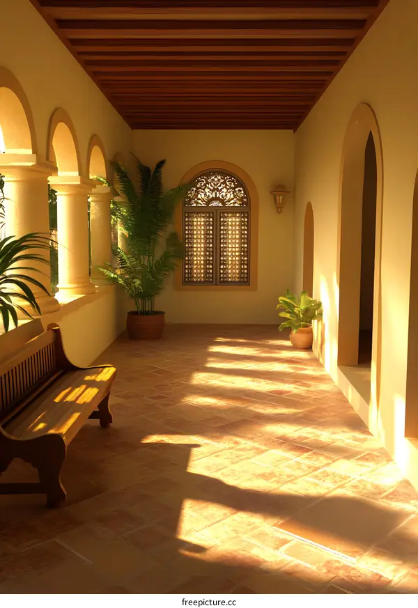 Sunlit Corridor with Arched Windows and a Wooden Bench