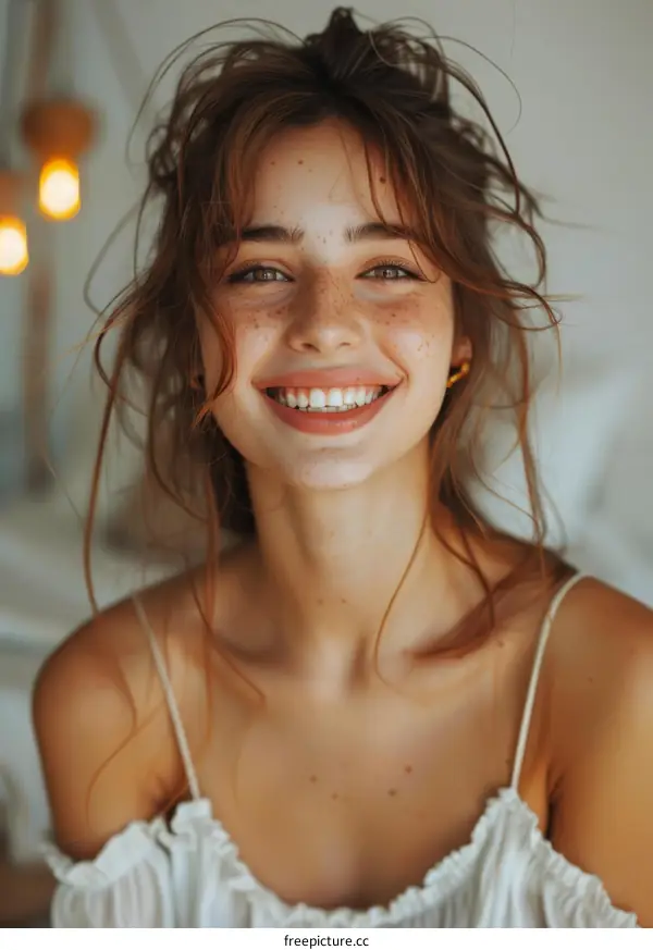 portrait of a young woman with freckles smiling