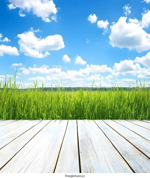 Green Grass and Blue Sky Background with Wooden Plank