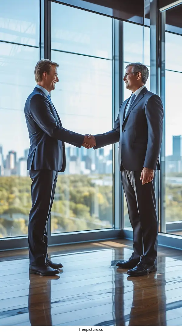 Two businessmen in suits shaking hands in an office with a large window in the background