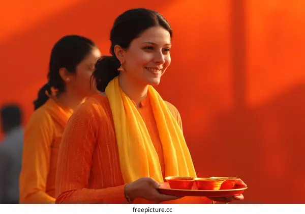 Indian Women in Orange Attire with Offerings