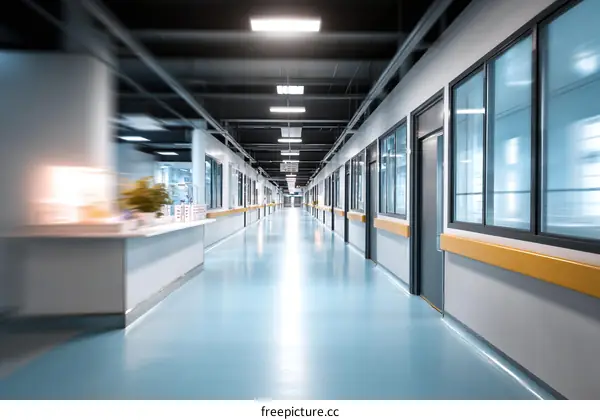 Modern Hospital Corridor with Blue Floor