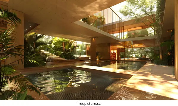 A stunning modern house with a pool and a tropical garden