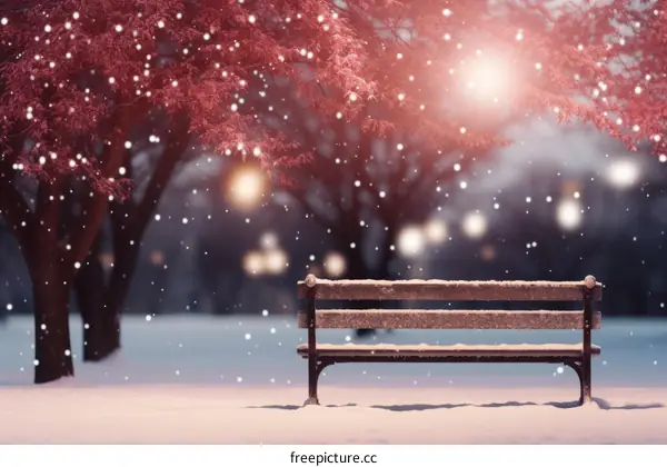 Snowy park bench under bare red trees and falling snow
